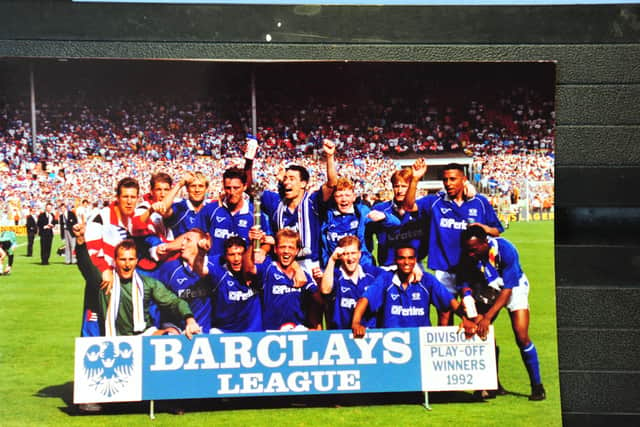 The Posh team celebrate victory at Wembley in 1992.