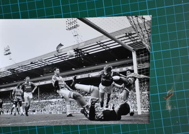 The controversial Posh goal at Wembley, 1992. Tony Adcock is pictured trying to head the ball over the line, but (future Posh manager) Jim Gannon cleared it.
