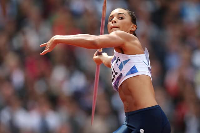 Louise Hazel prepares to launch the javelin during the London Olympics in 2012. She set a new personal best in the discipline of 47.38m.