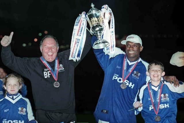 Posh manager Barry Fry and goalscorer Andy Clarke at Wembley in May, 2000.