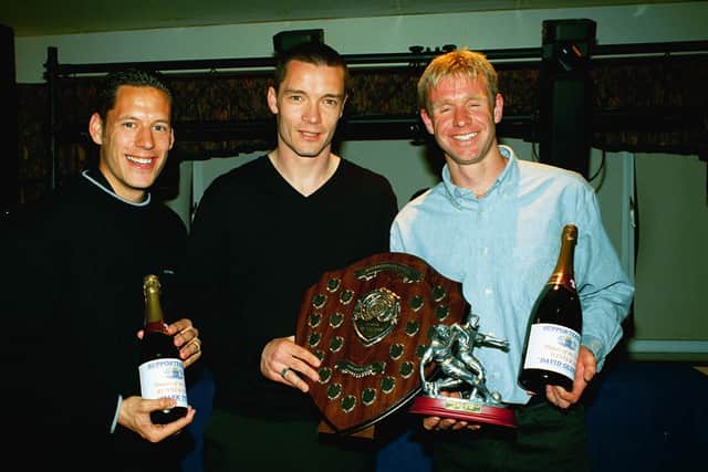 Posh players at an awards night, from left, Mark Tyler, Andy Edwards and David Oldfield.
