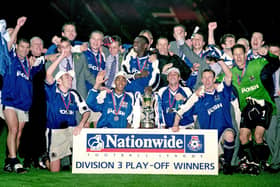 Posh celebrate winning at Wembley in May 2000.