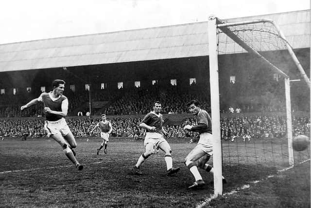 Striker Terry Bly scores for Posh in 1960.