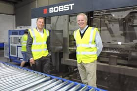 BOBST machine installed at Manor Packaging Whittlesey with Director Tony Clifton (left) and MD David Orr (right).