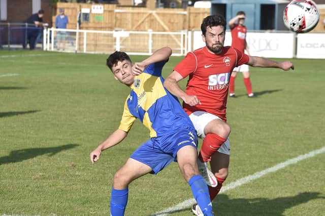 Action from a 2-2 draw between Peterborough North End and Downham Town. Photo: David Lowndes.