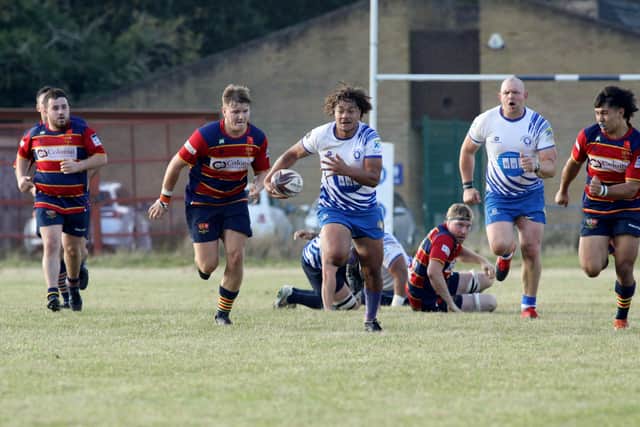 Weir Filikatonga is about to score  a try for Peterborough Lions against Old Northamptonians. Photo: Mick Sutterby.