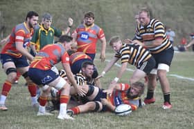 Robert Moulds (on ground) scored a try for Borough at West Bridgeford.
