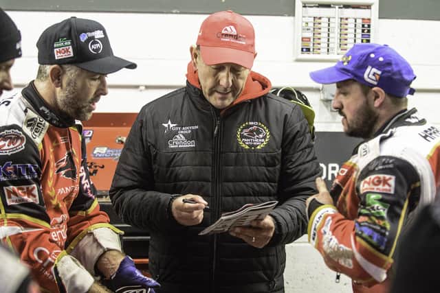 Peterborough Panthers  manager Rob Lyon (centre) with Scott Nicholls (left) and Chris Harris  during the SGB Premiership Grand Final 1st Leg at Belle Vue. Photo: Ian Charles/MI News.