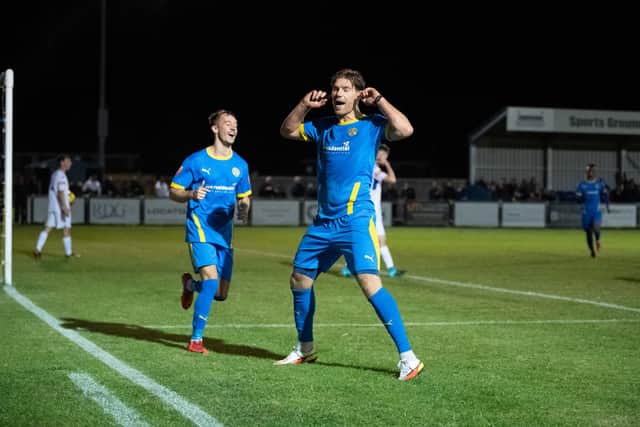 Mark Jones celebrates a hat-trick for Peterborough Sports against Lowestoft. Photo: James Richardson.