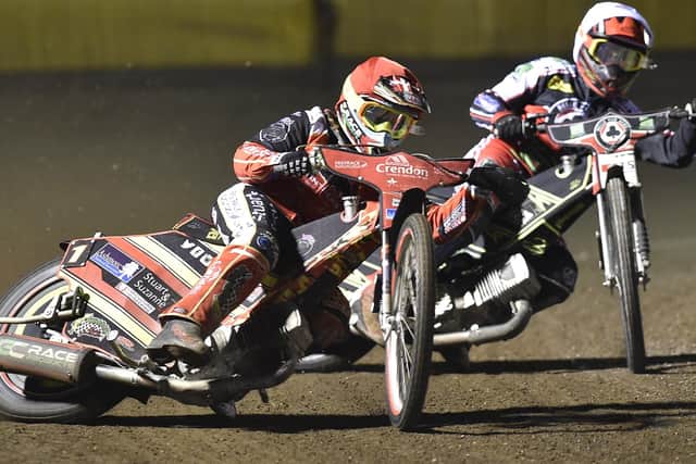 Chris Harris is in front for Peterborough Panthers against Belle Vue. Photo: David Lowndes.