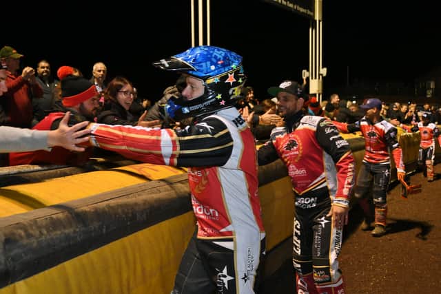 Panthers' riders celebrate their Grand Final success with their fans at the East of England Arena. Photo; David Lowndes.