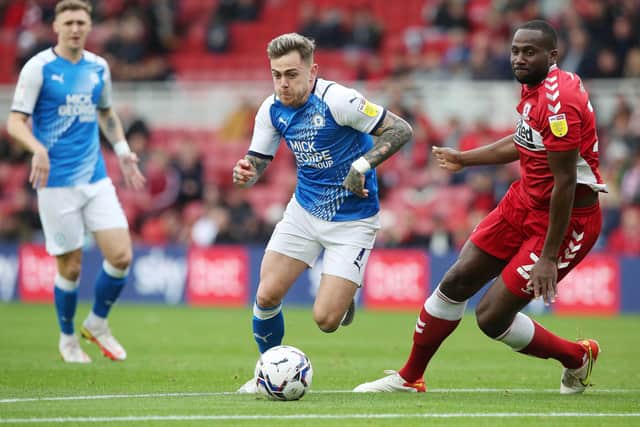 Sammie Szmodics in action for Posh at Middlesbrough. Photo: Joe Dent/theposh.com.