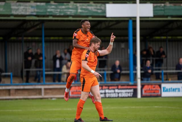 Michael Gash celebrates his goal for Peterborough Sports against King's Lynn with Dion Sembie-Ferris. Photo: James Richardson.