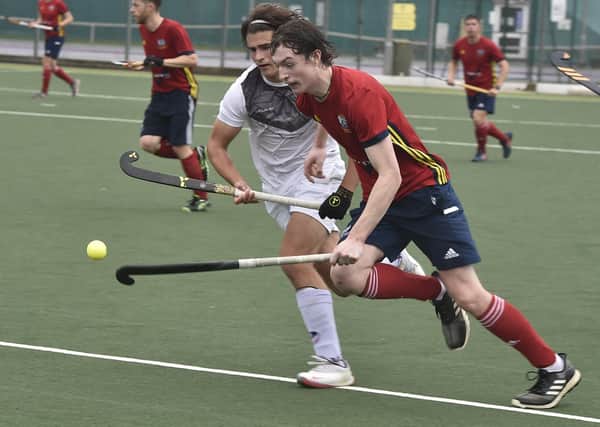 Action from City of Peterborough (red) v Loughborough Students. Photo: David Lowndes.