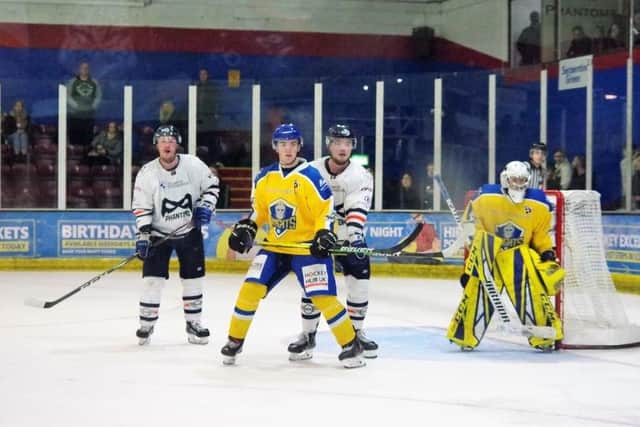 Phantoms pair Will Weldon and Glenn Billing (white) are waiting for a pass in the game against Leeds last weekend. Photo: Matt Sludds.