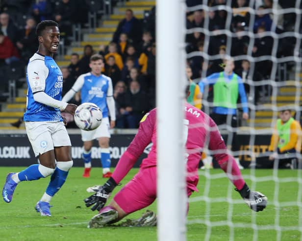 Siriki Dembele of Peterborough United scores the winning goal against Hull City. Photo: Joe Dent/theposh.com