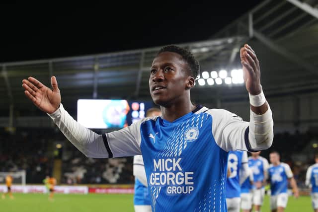 Posh star Siriki Dembele celebrates his winning goal at Hull City. Photo: Joe Dent/theposh.com.