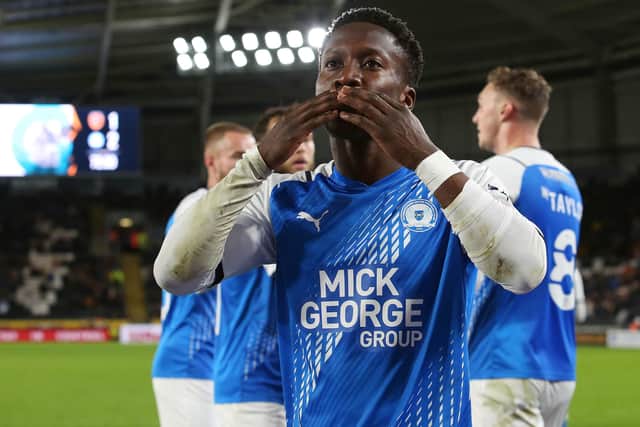 Posh star Siriki Dembele celebrates his winning goal at Hull. Photo: Joe Dent/theposh.com.