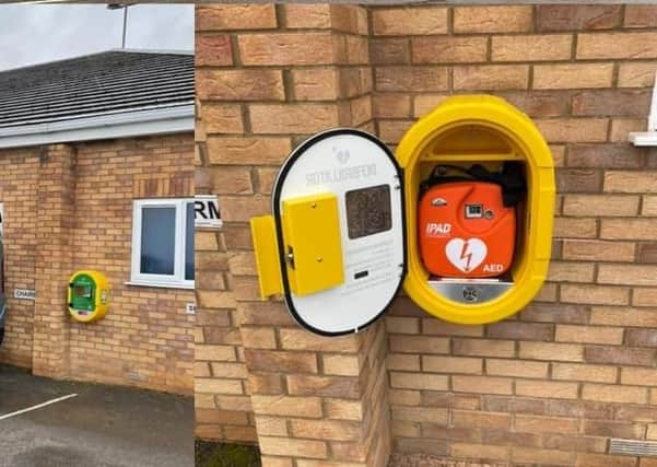 The defibrillator at Yaxley Football Club.