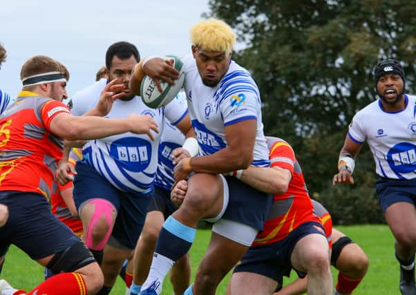 Katilimoni Tuipulotu, the impressive Peterborough Lions number eight, in action against Peterborough RUFC. Photo: Mick Sutterby
