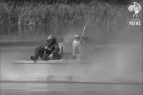 Lord Brassey takes his home made hovercraft onto the water in fascinating British Pathe footage.