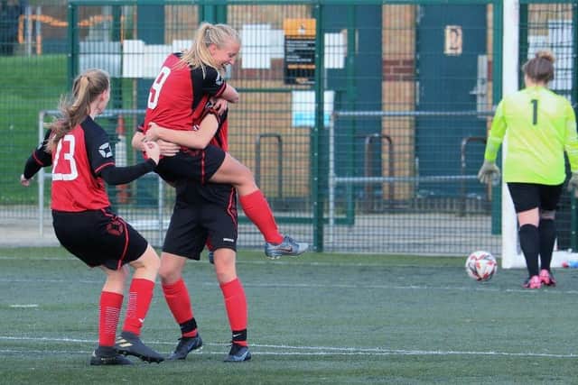 Netherton United ladies celebrate a goal in their 3-2 Women's FA Cup tie against Anstey Nomads at the Grange. Photo: Roger Ellison.