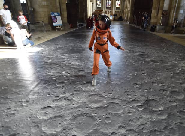 One Small Step moon exhibition at Peterborough Cathedral Bobbi Crooks (7) in her spacesuit EMN-210716-191654009