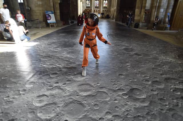 One Small Step moon exhibition at Peterborough Cathedral Bobbi Crooks (7) in her spacesuit EMN-210716-191654009