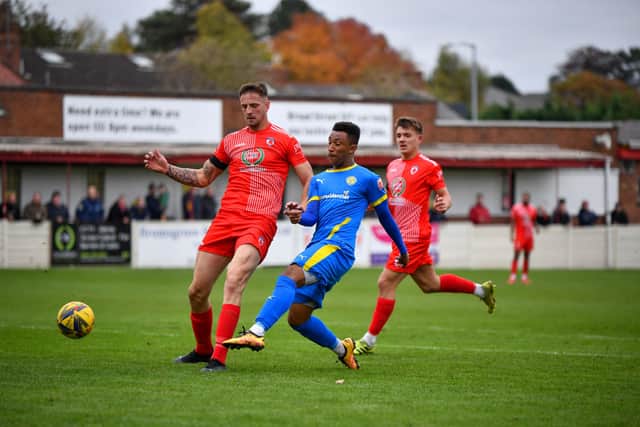 Dion Sembie-Ferris in action for Peterborough Sports at Bromsgrove Sporting. Photo: James Richardson.