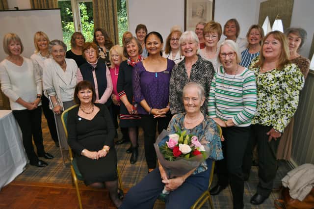 Retiring Chair Annette Beeton, who has helped to raise almost £1.1million pounds for cancer research (front right) with (front left) the incoming chairman Ann Hanson at the Burghley Park and Peterborough Ladies AGM at the William Cecil Hotel, Stamford EMN-211026-140831009