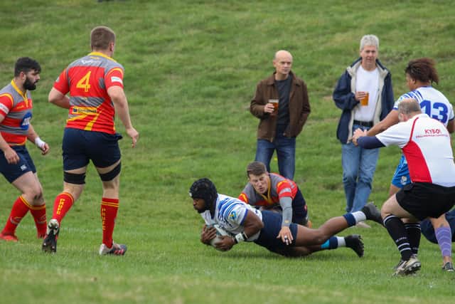 Matthew Worrell-Clare touches down for a Peterborough Lions try at Peterborough RUFC. Photo: Mick Sutterby.