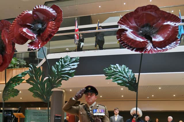 The Poppy Appeal 100th Anniversary launch by The Royal British Legion Peterborough Branch with a march from the war memorial to Queensgate EMN-211029-133057009