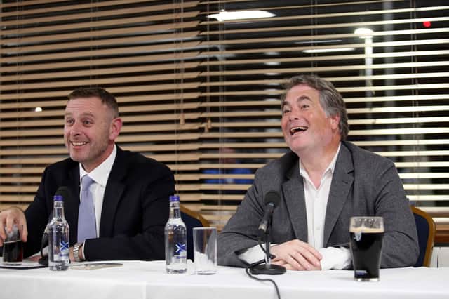 Posh co-owners Darragh MacAnthony (left) and Stewart 'Randy' Thompson having fun at the fans' forum. Photo: Joe Dent/theposh.com