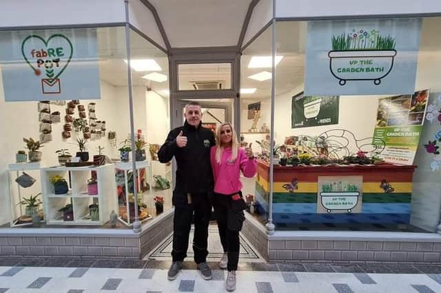 Up The Garden Bath founders Dave Poulton and Kez Hayes-Palmer outside their new shop.