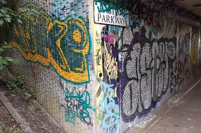 A heavily graffitied Paston Parkway underpass.