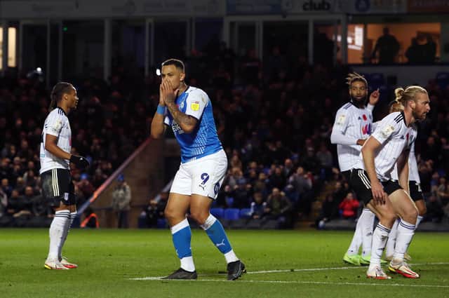 Jonson Clarke-Harris of Peterborough United rues a missed chance to score against Fulham. Photo: Joe Dent/theposh.com.