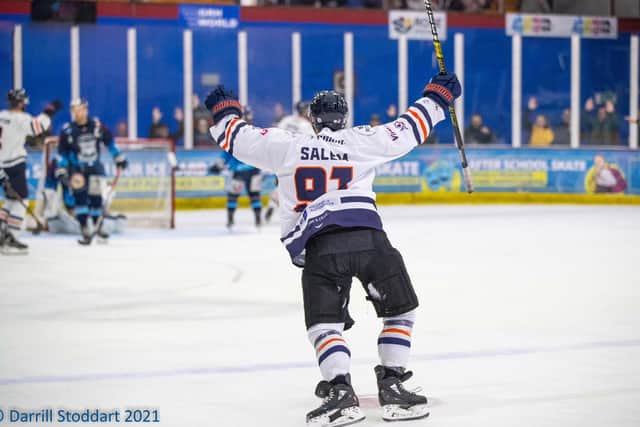 Phantoms Nathan Salem celebrates a goal against Sheffield. Photo: Darrill Stoddart.