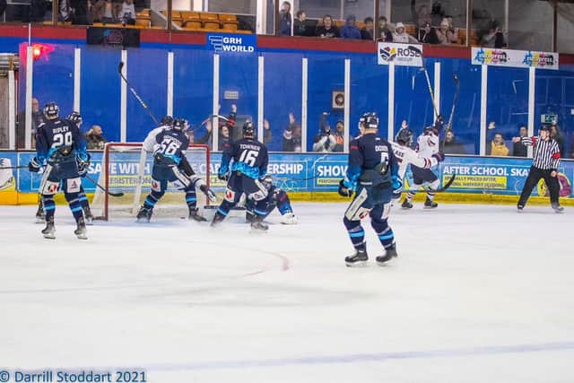 Phantoms celebrate a goal against Sheffield. Photo: Darrill Stoddart.