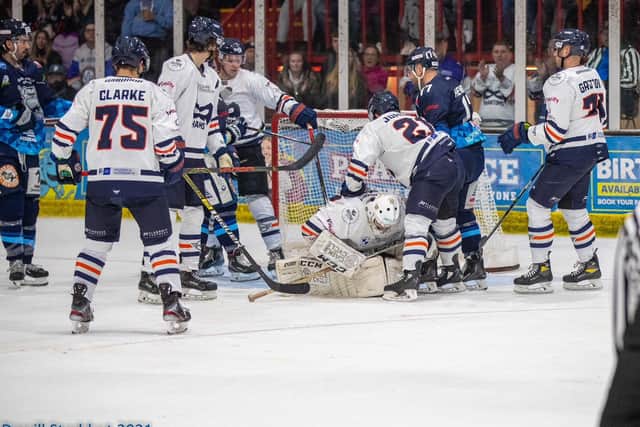 Action from Phantoms (white) v Sheffield. Photo: Darrill Stoddart.