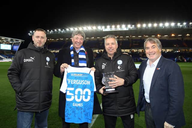Darren Ferguson with club owners Darragh MacAnthony, Dr Jason Neale and Stewart Thompson ahead of his 500th match as Posh manager.