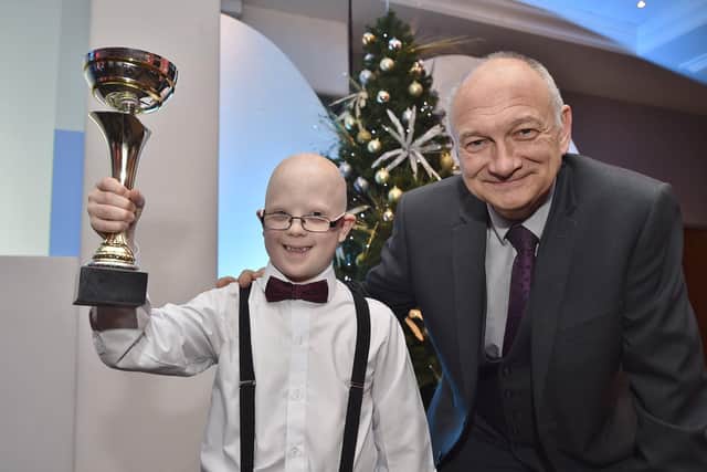 Peterborough Telegraph Pride in Peterborough Awards 2018. Fundraiser of the Year Louis King with Mark Edwards. EMN-201111-164013001