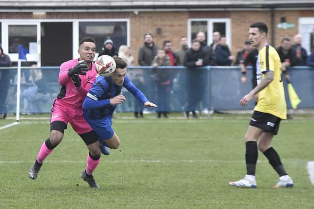 Action from Whittlesey Athletic (blue) v Worcester City. Photo: David Lowndes.