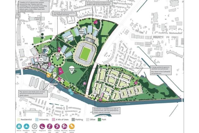 The third option also includes the stadium but on the western side. This would see the university campus spread towards the Key Theatre, river and the cultural hub and Middleholme fully used for housing. A smaller promenade would be present.