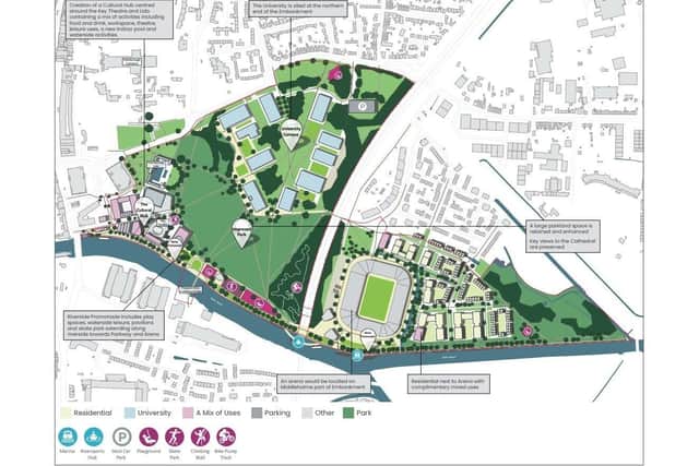 The second option includes a multi-use stadium on the Middleholme part of the Embankment, with houses next to it. A large part of the parkland would be retained and enhanced, with the views of the cathedral preserved. A riverside promenade, which includes a playground and a skate park would be included. The cultural hub would also be incorporated.