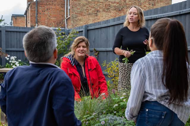 Garden Creator Jeni Cairns, meeting at the Annabelle Davis centre (ADC), with  patrons Warwick and Annabelle and Vice Chair of YPCS Michelle Lay at the opening of their sensory garden during the pandemic.