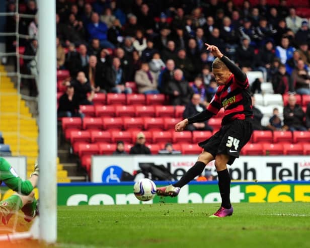 Dwight Gayle completes his hat-trick for Posh at Blackburn in 2013.