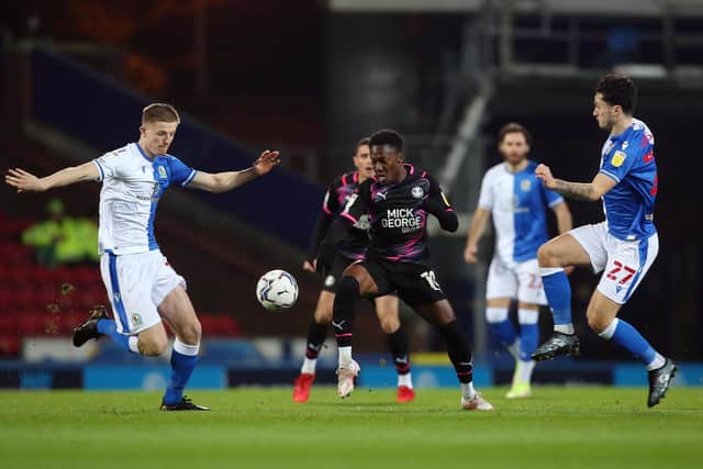 Siriki Dembele in action for Posh at Blackburn. Photo: Joe Dent/theposh.com