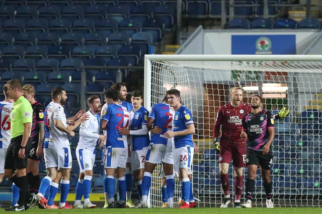 Blackburn celebrate their second goal against Posh. Photo: Joe Dent/theposh.com.