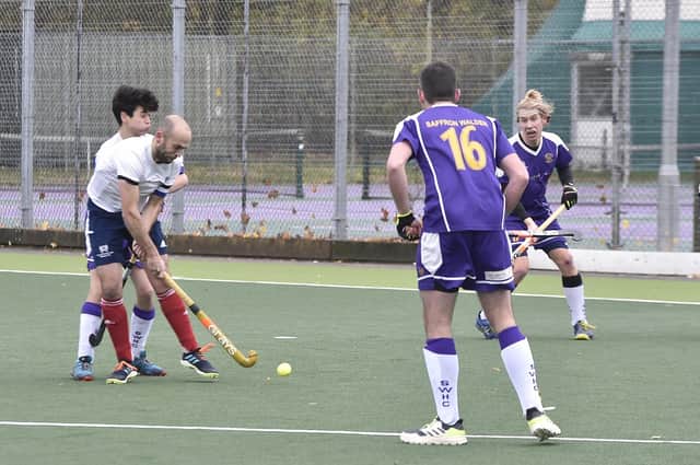 Will Astbury shoots at goal for City of Peterborough 2nds v Saffron Walden. Photo: David Lowndes.