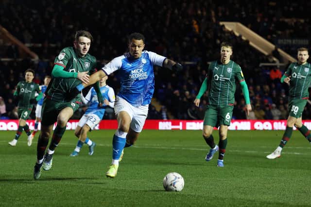 Jonson Clarke-Harris in action for Posh against Barnsley. Photo: Joe Dent/theposh.com.